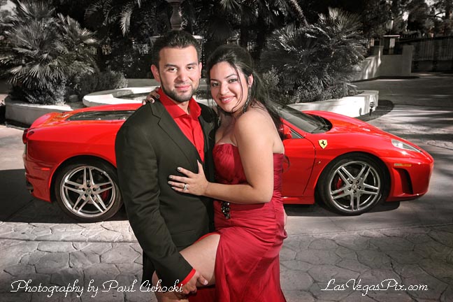 Andres and Liliana with a ferrari B&W colorized
